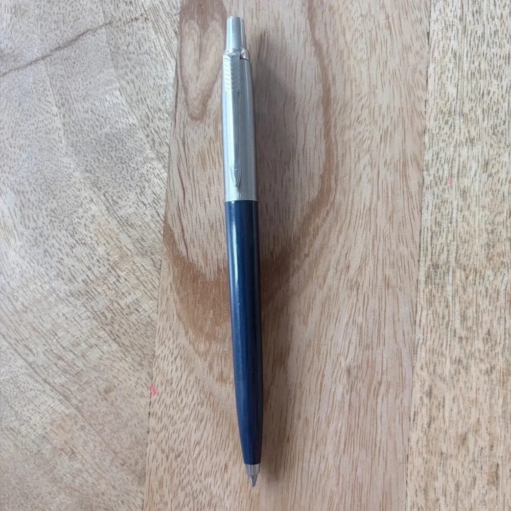 Parker Jotter Ballpoint Pen Navy Blue and Stainless Steel Silver Trim Click Type